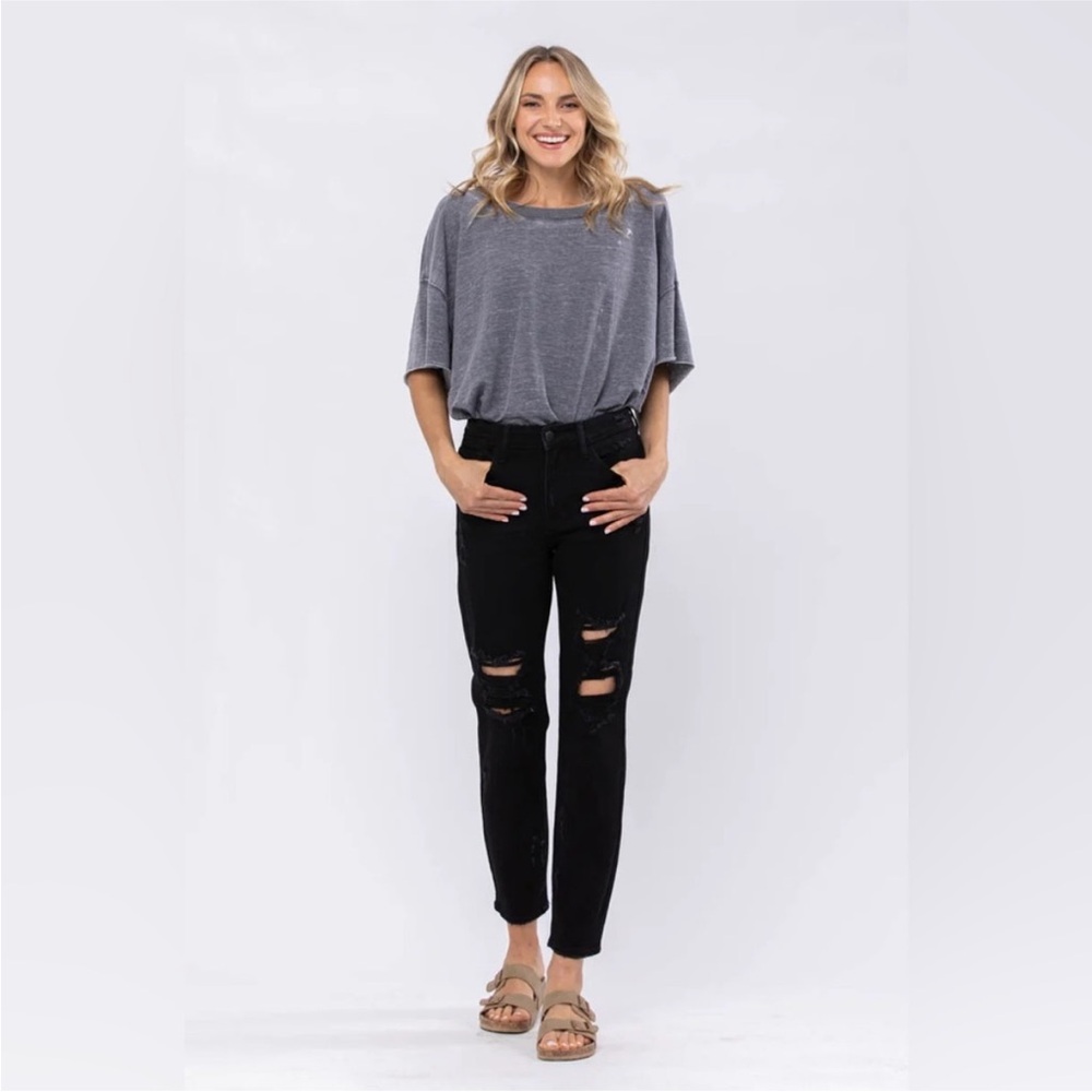 New! Judy Blue Black Distressed Boyfriend Fit Jeans Size 15/32
